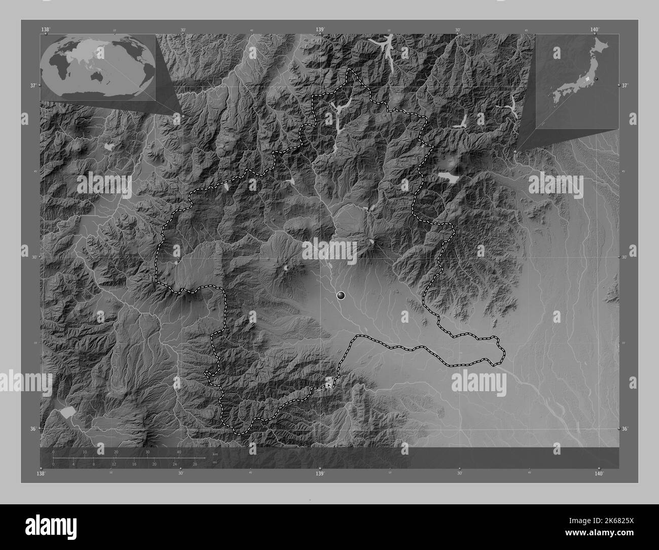 Gunma, prefecture of Japan. Grayscale elevation map with lakes and rivers. Corner auxiliary