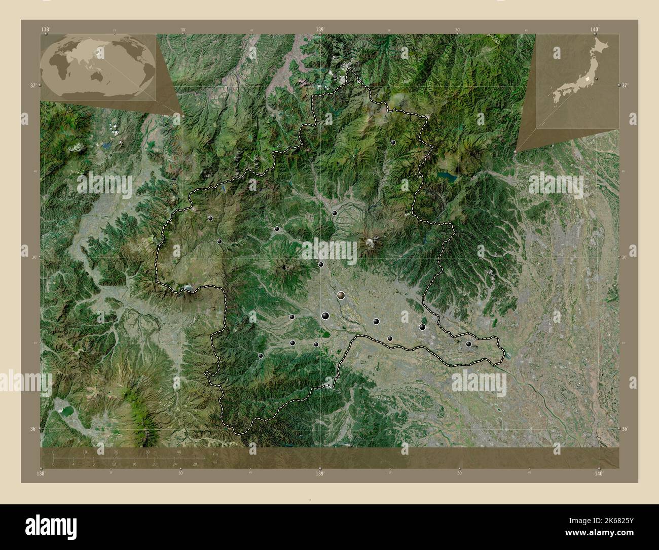 Gunma, prefecture of Japan. High resolution satellite map. Locations of major cities of the