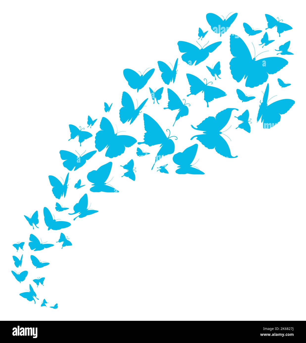 Flying butterflies flock. Blue moth silhouettes abstract background