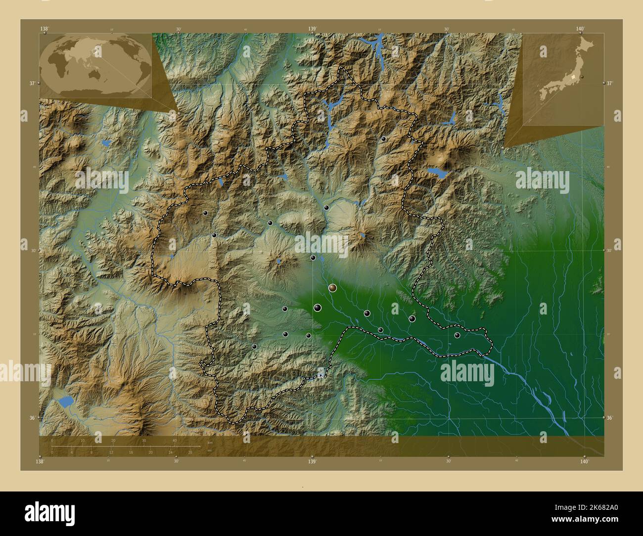 Gunma, prefecture of Japan. Colored elevation map with lakes and rivers. Locations of major