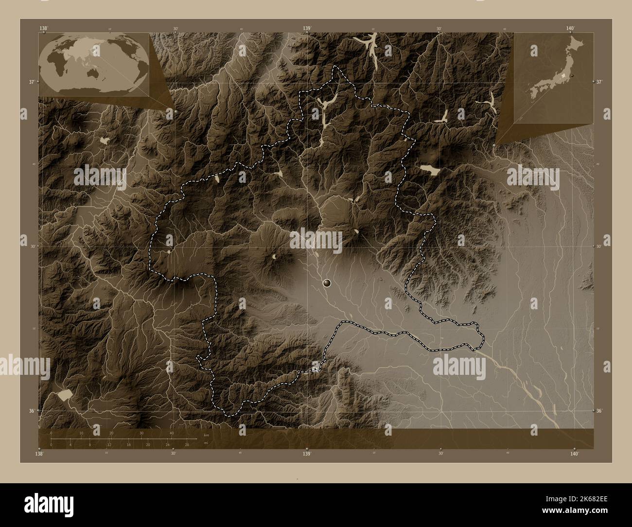 Gunma, prefecture of Japan. Elevation map colored in sepia tones with lakes and rivers. Corner