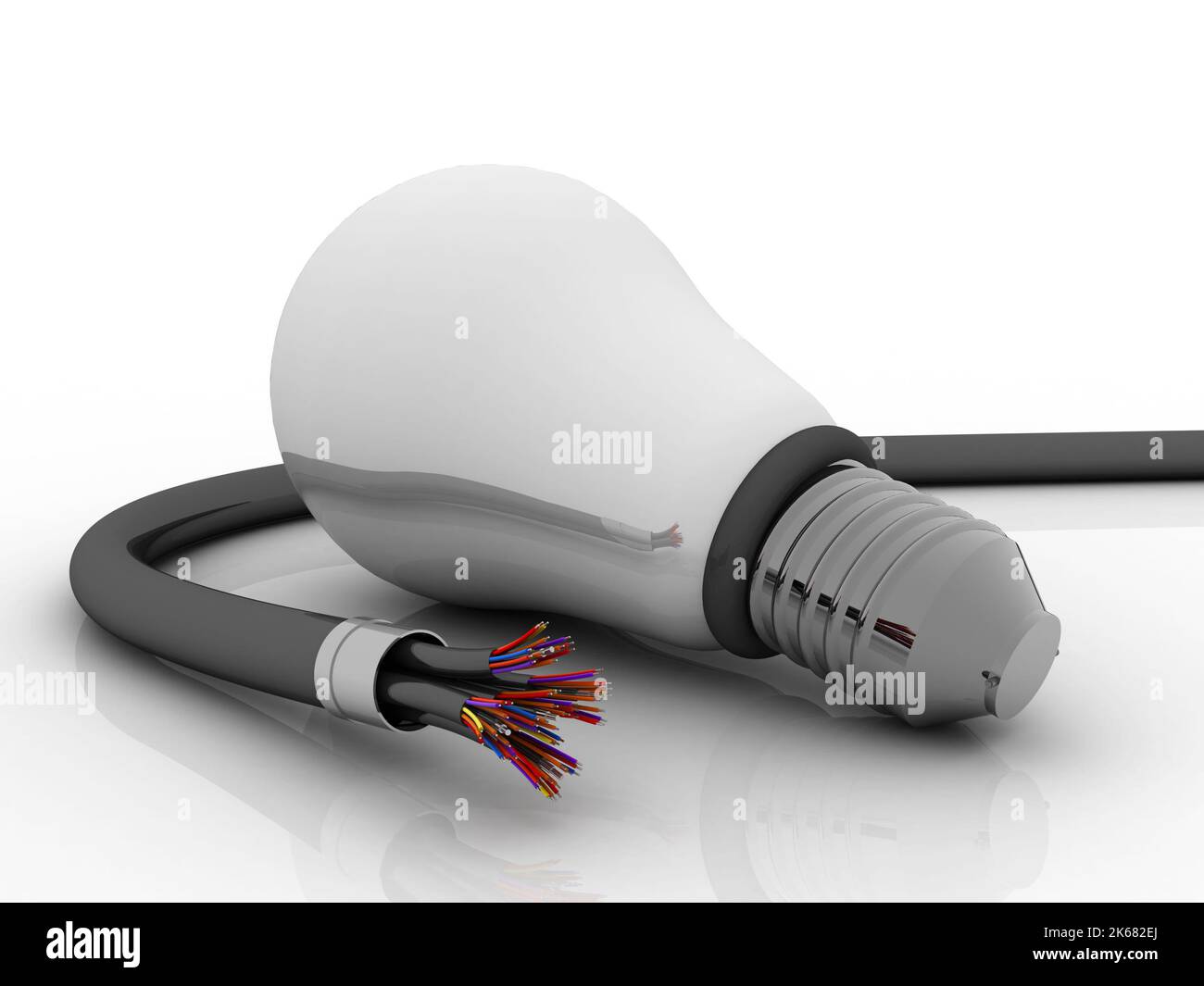 3d rendering Fiber optical cable detail connected CFL bulb Stock Photo