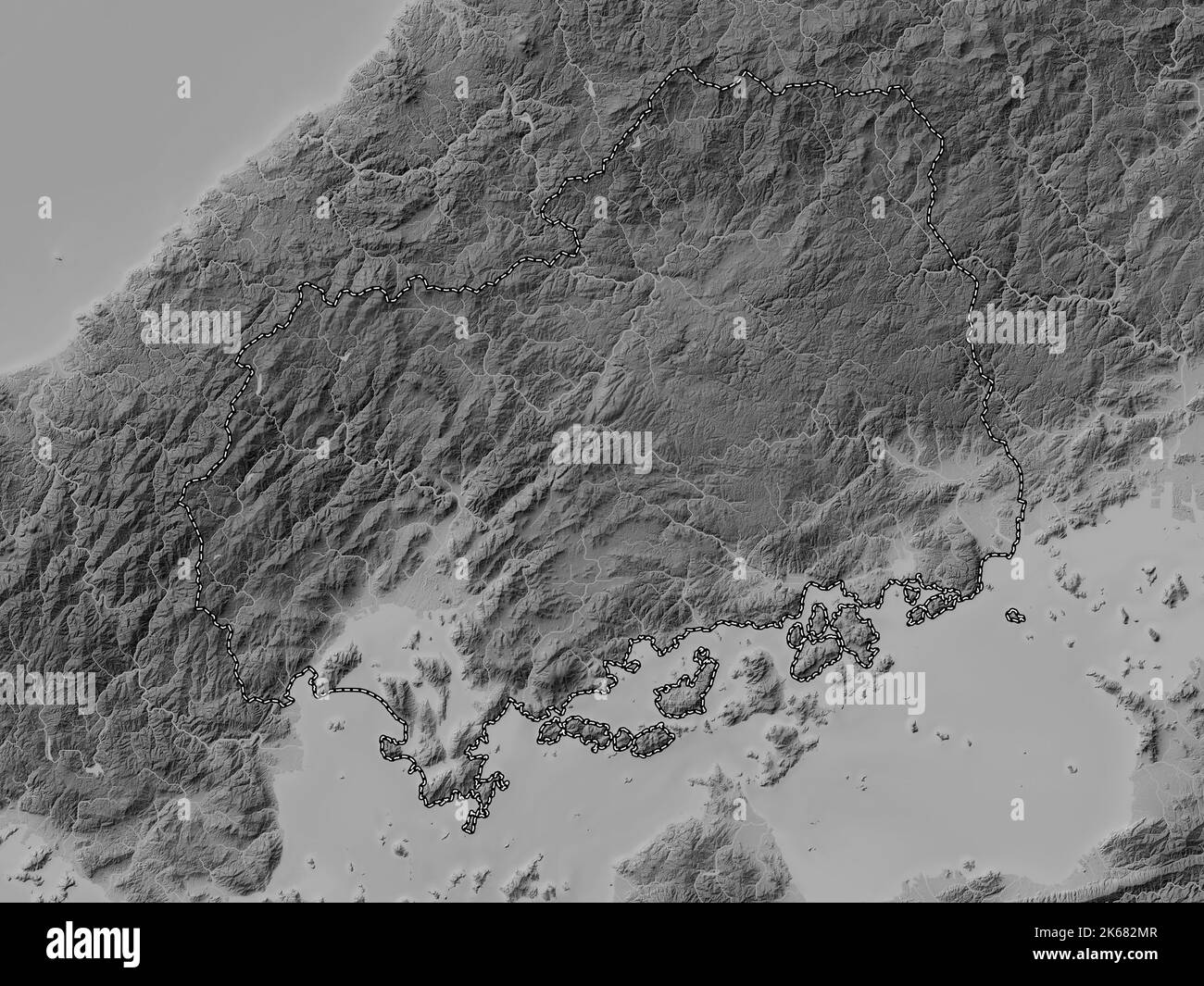 Hiroshima, prefecture of Japan. Grayscale elevation map with lakes and rivers Stock Photo