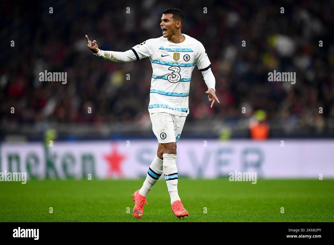 Milan, Italy. 11 October 2022. Thiago Silva of Chelsea FC reacts during the UEFA Champions League football match AC Milan and Chelsea FC. Credit: Nicolò Campo/Alamy Live News Stock Photo