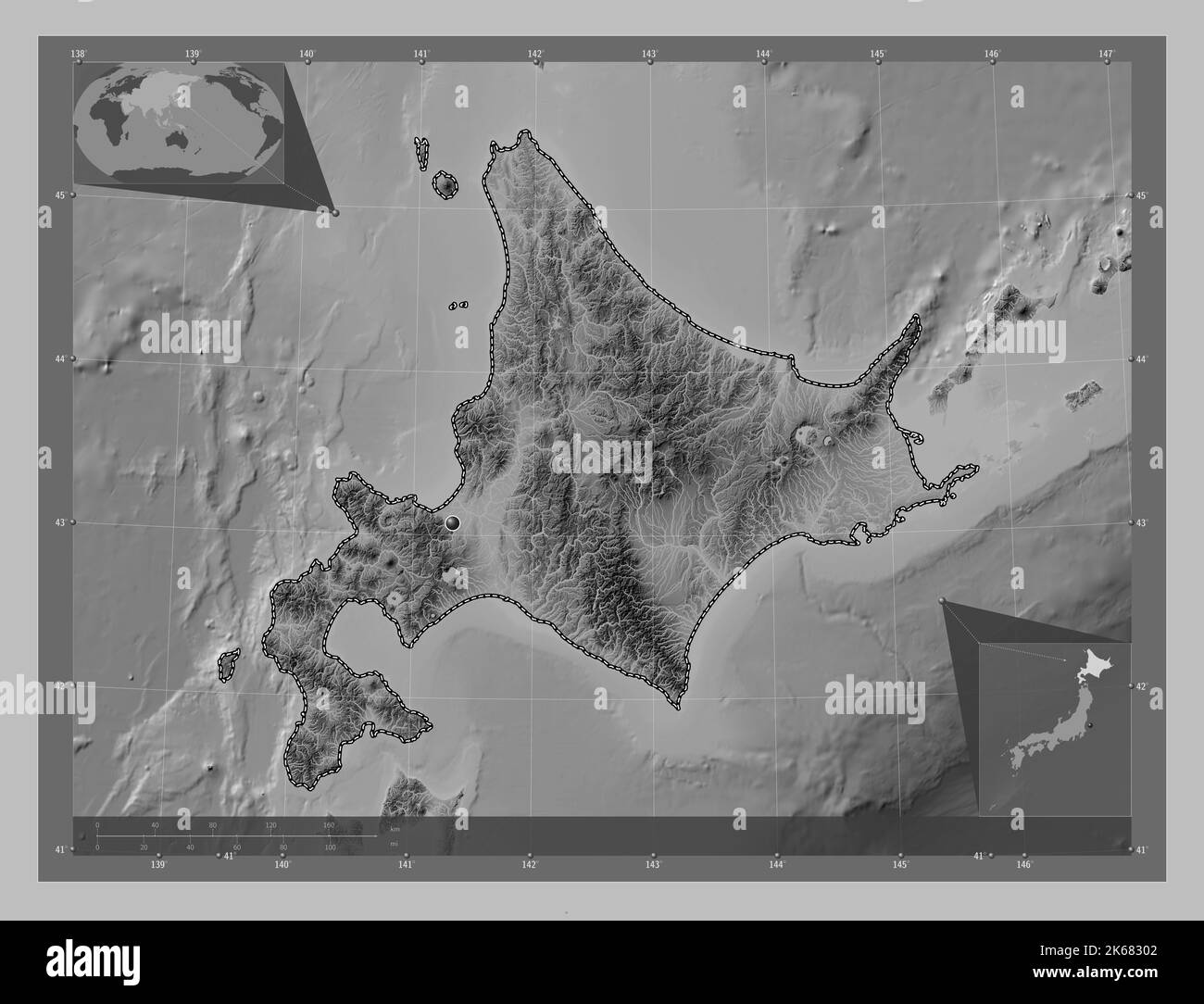 Hokkaido Circuit Of Japan Grayscale Elevation Map With Lakes And Hokkaido Circuit Of Japan Grayscale Elevation Map With Lakes And Rivers Corner Auxiliary Location Maps 2K68302