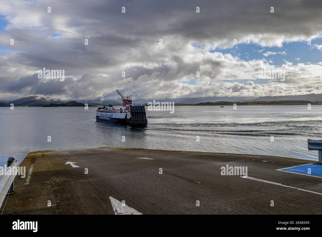 The morning ferry from Oban landing at Achnacroish on The Isle of Lismore, Argyll, Scotland Stock Photo