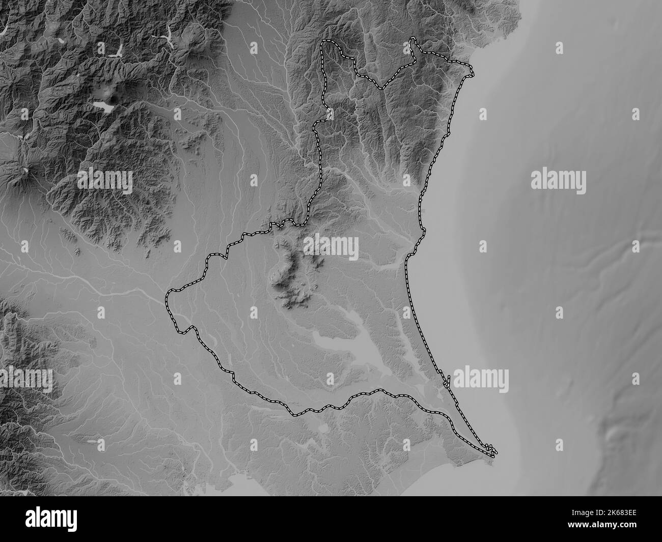Ibaraki, prefecture of Japan. Grayscale elevation map with lakes and rivers Stock Photo