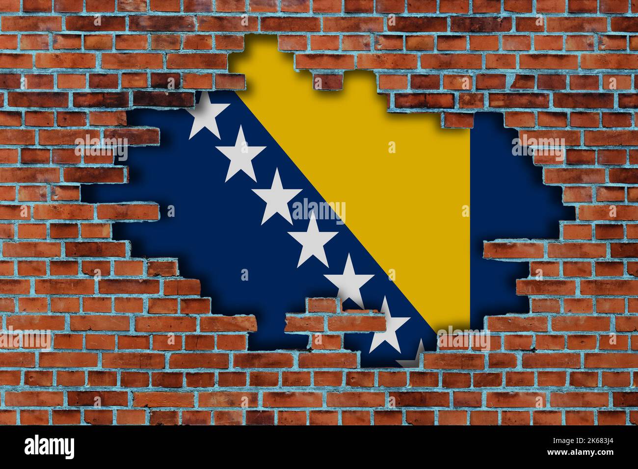 3D Flag of Bosnia and Herzegovina behind the broken old stone wall ...