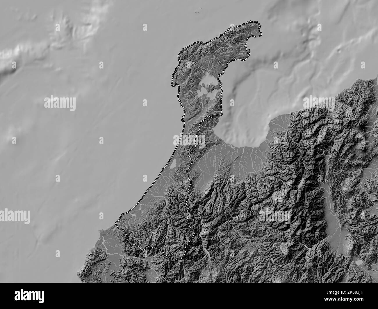 Ishikawa, prefecture of Japan. Bilevel elevation map with lakes and