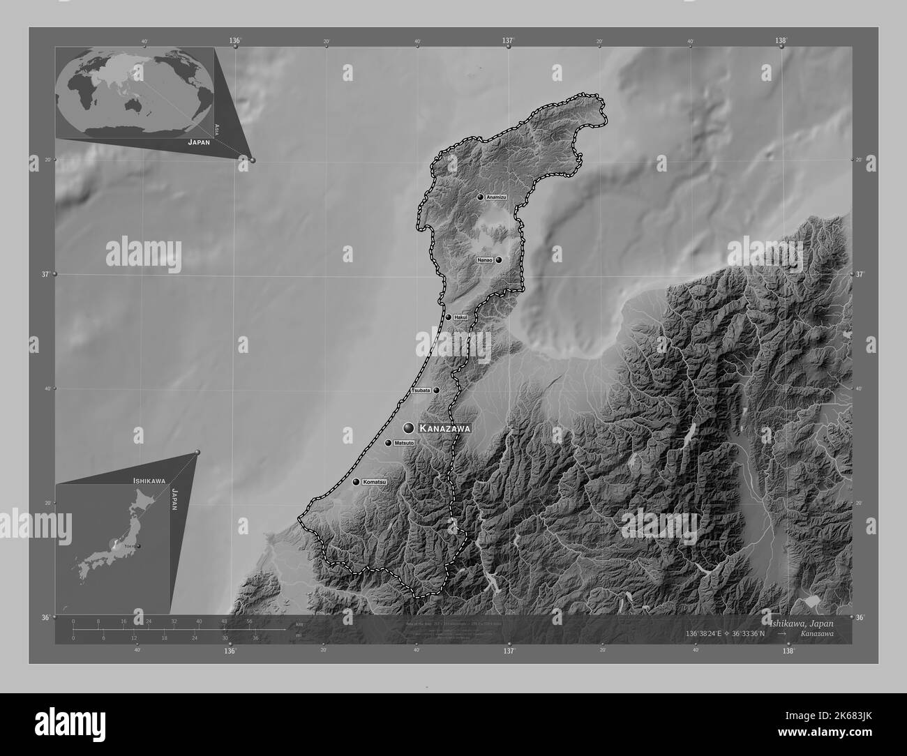 Ishikawa, prefecture of Japan. Grayscale elevation map with lakes and