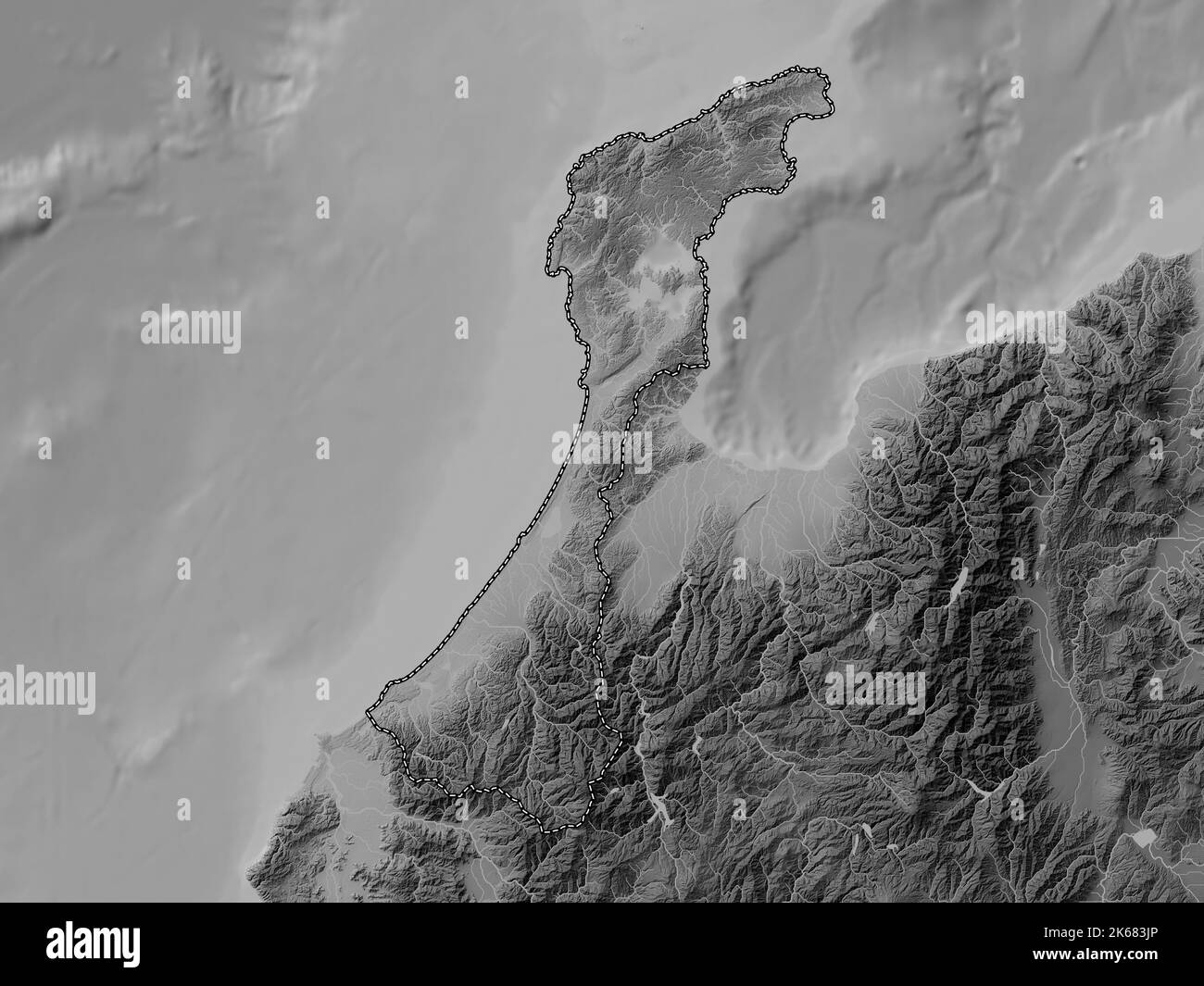 Ishikawa, prefecture of Japan. Grayscale elevation map with lakes and