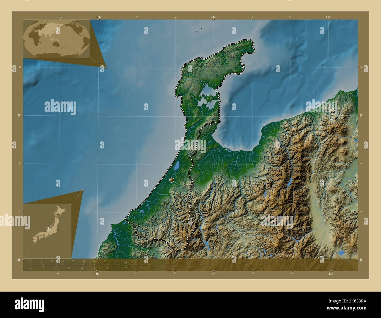 Ishikawa, prefecture of Japan. Colored elevation map with lakes and