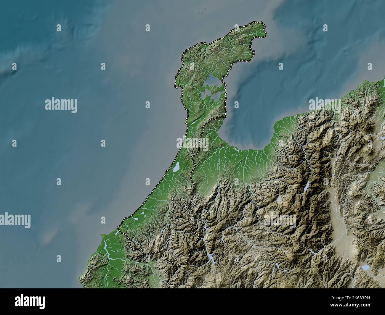 Ishikawa, prefecture of Japan. Elevation map colored in wiki style with