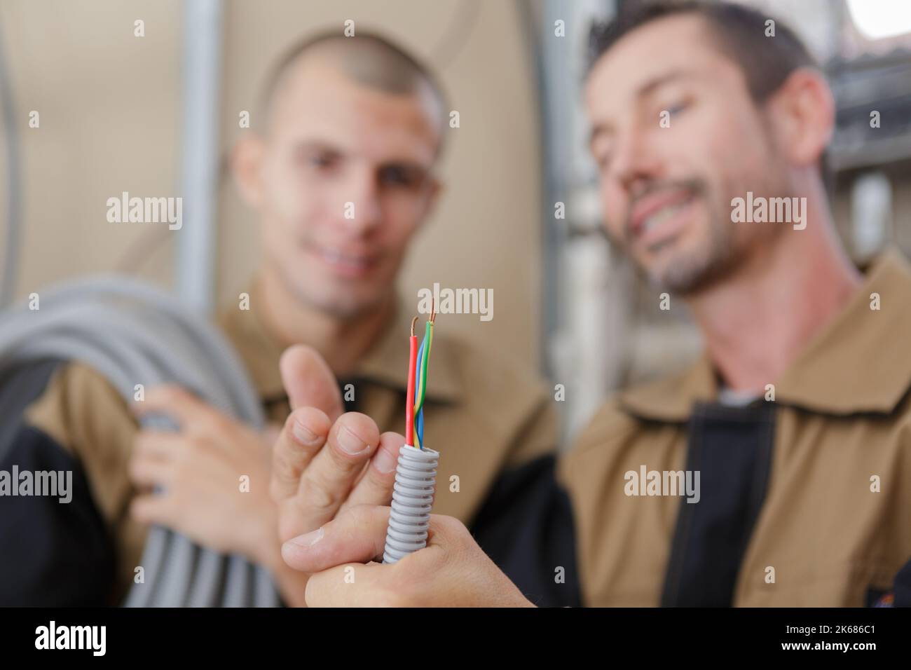 manager and apprentice working with cables Stock Photo - Alamy