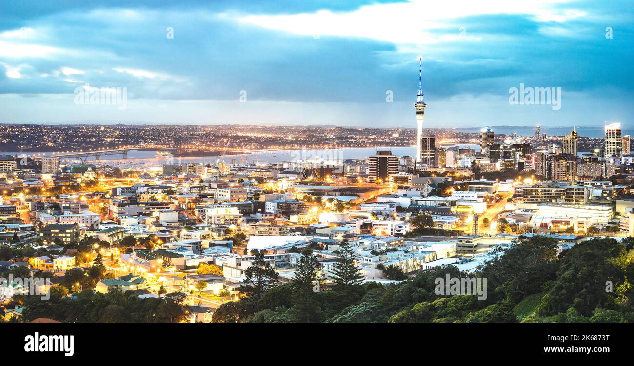 Auckland skyline from Mount Eden after sunset during blue hour - New Zealand modern city with spectacular nightscape panorama -  Enhanced filter on ni Stock Photo