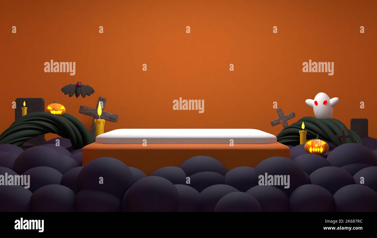 A digital illustration of a spooky orange Halloween graveyard ...