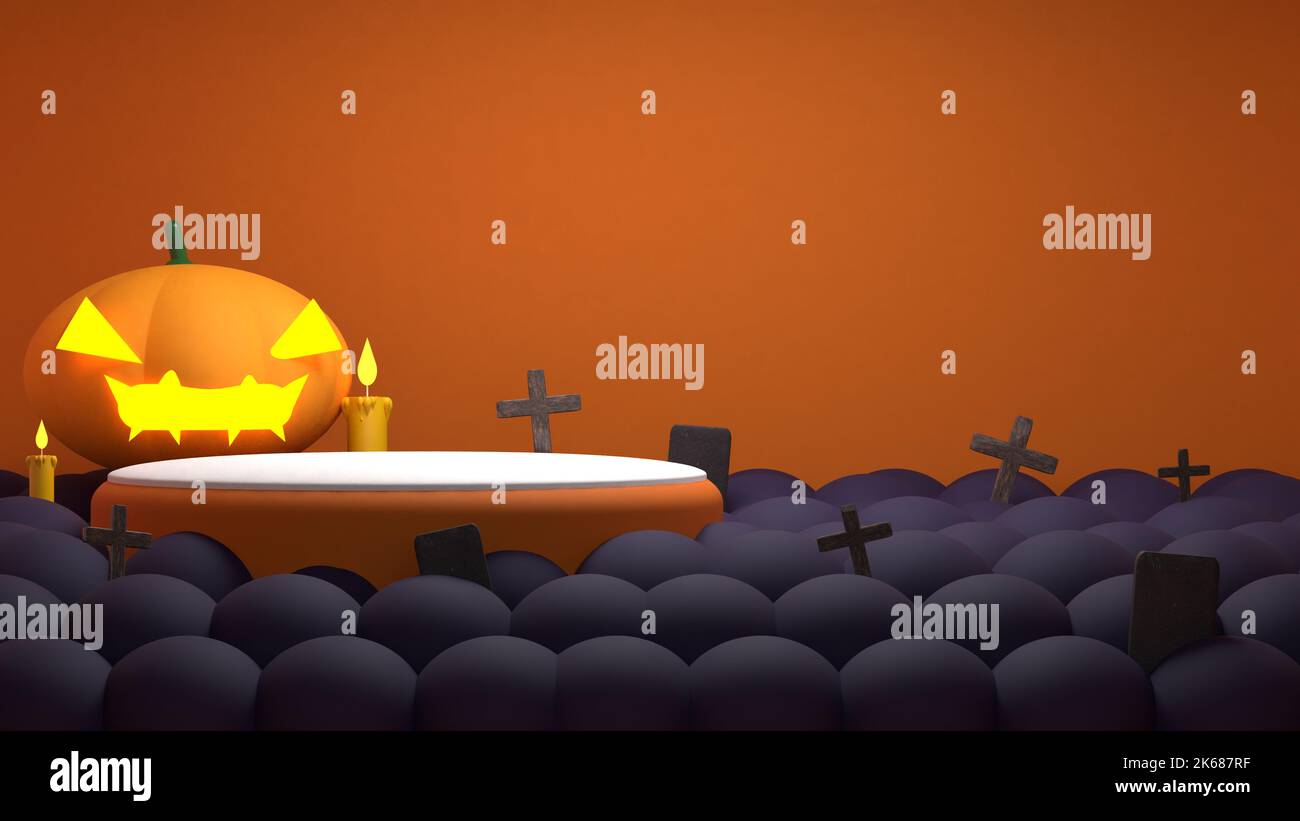 A digital illustration of a spooky orange Halloween graveyard ...