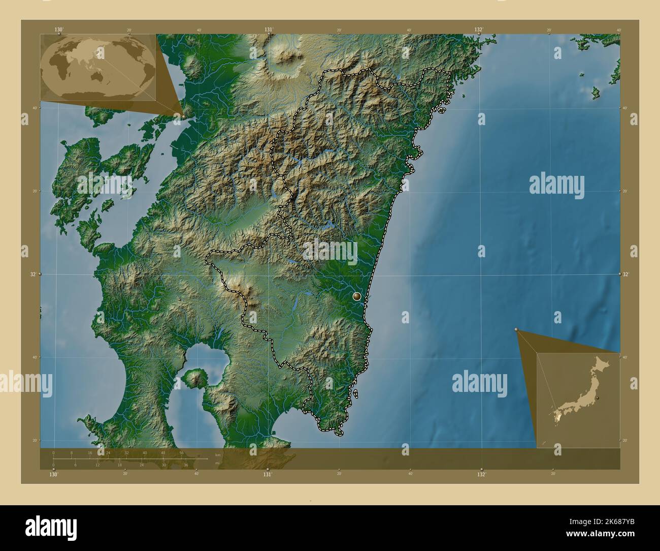 Miyazaki Prefecture Of Japan Colored Elevation Map With Lakes And