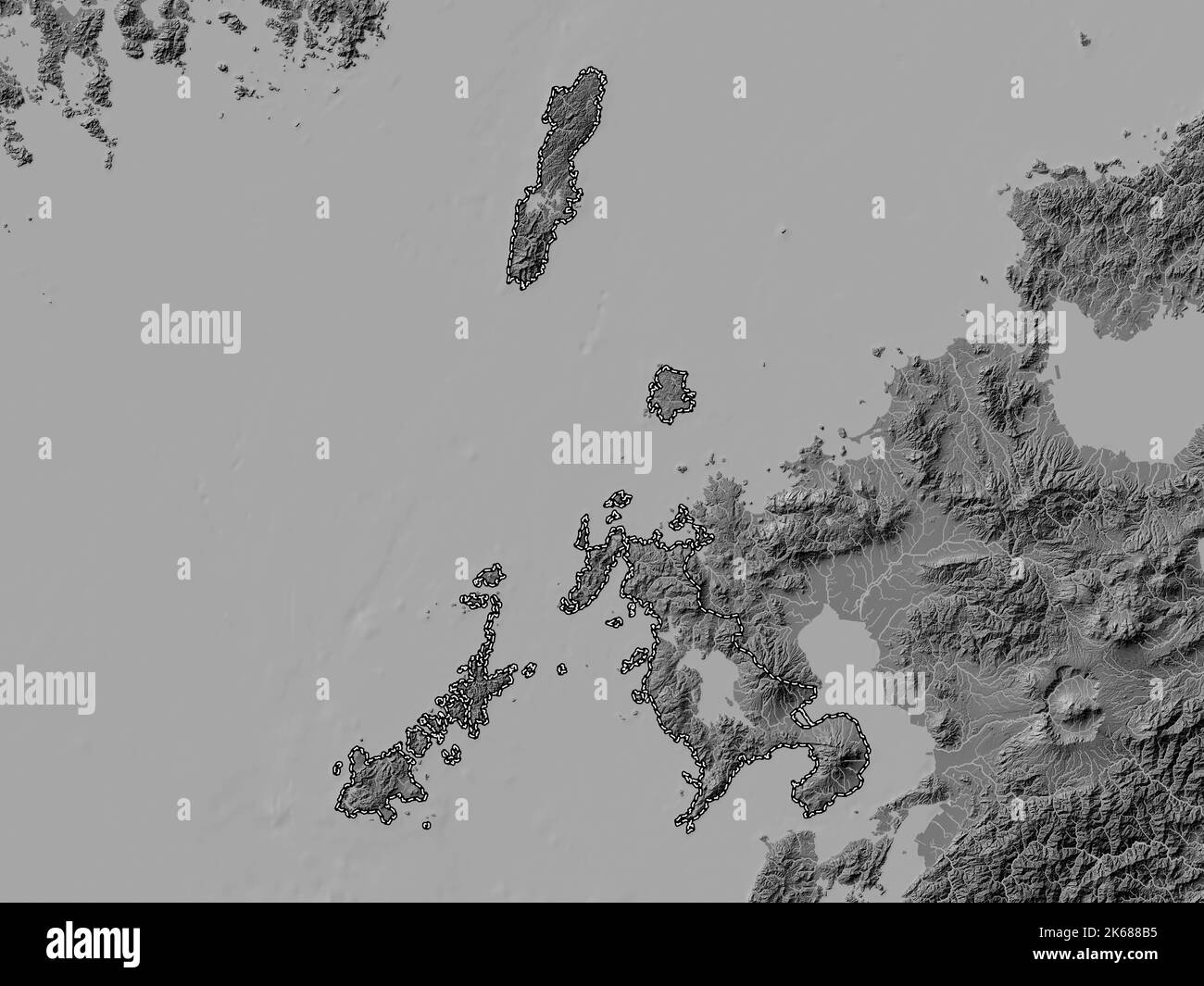 Nagasaki, prefecture of Japan. Bilevel elevation map with lakes and