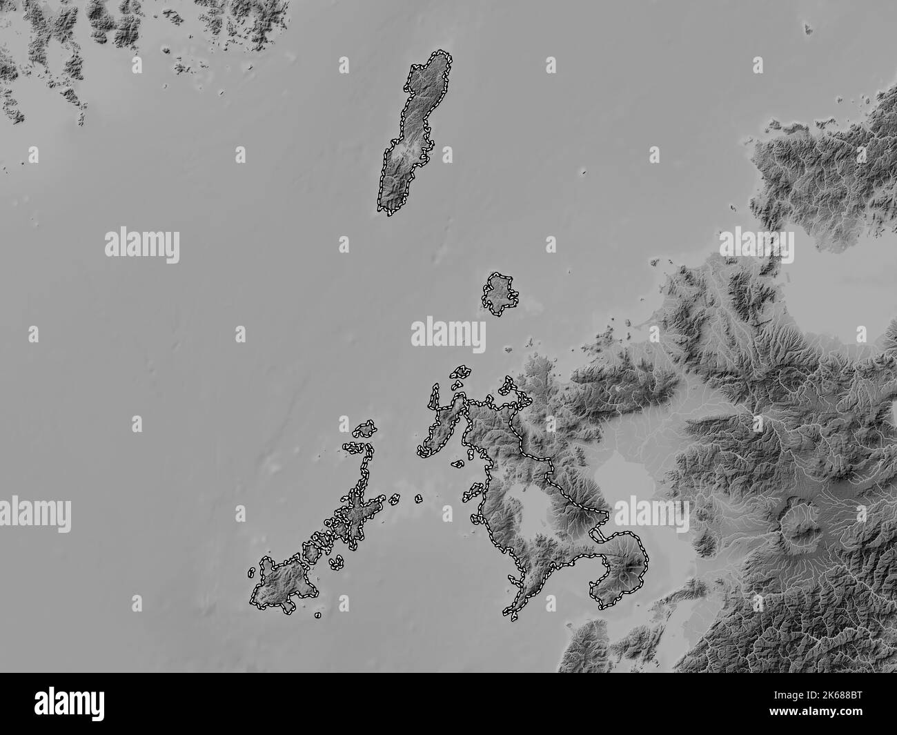 Nagasaki, prefecture of Japan. Grayscale elevation map with lakes and