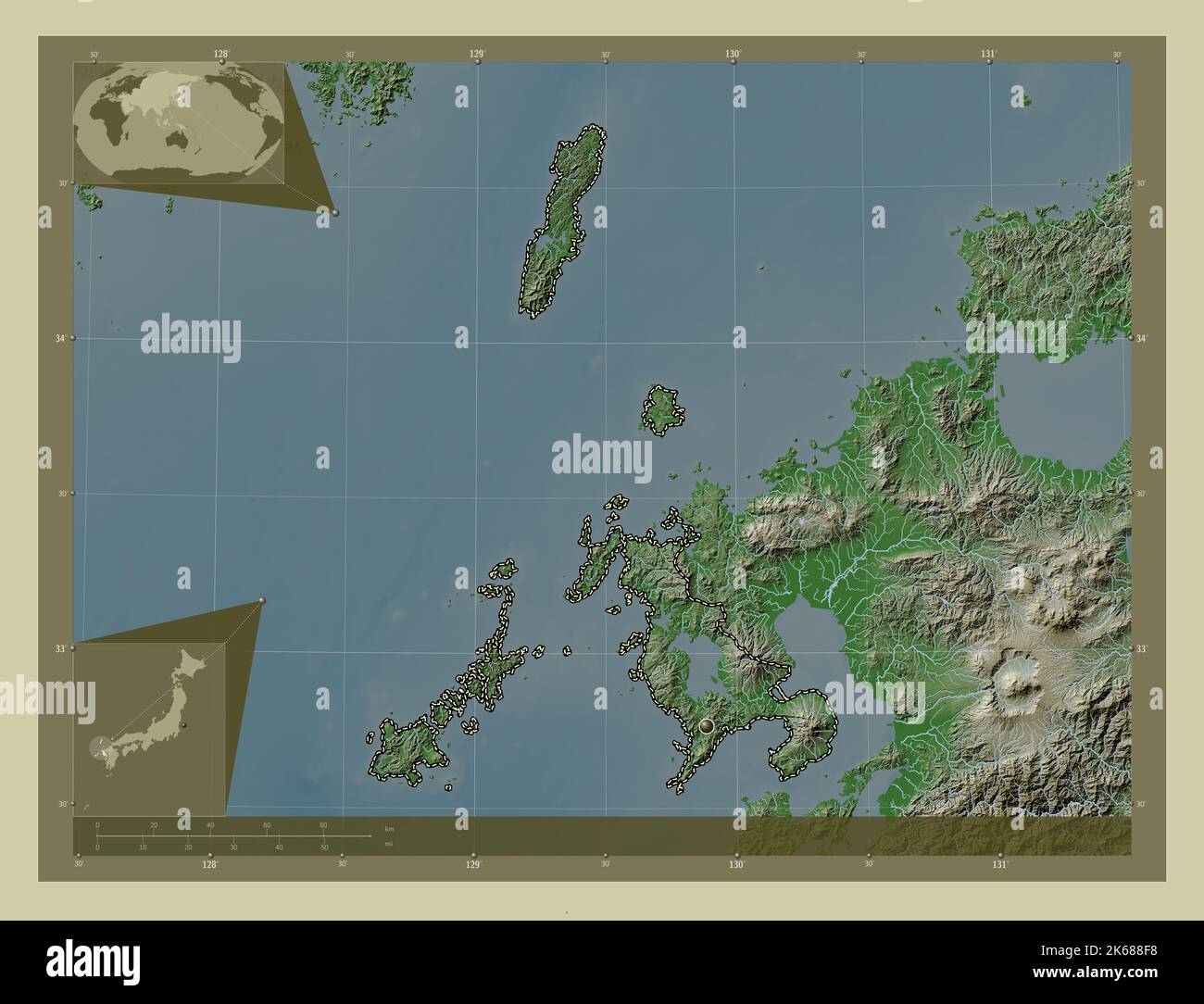 Nagasaki, prefecture of Japan. Elevation map colored in wiki style with