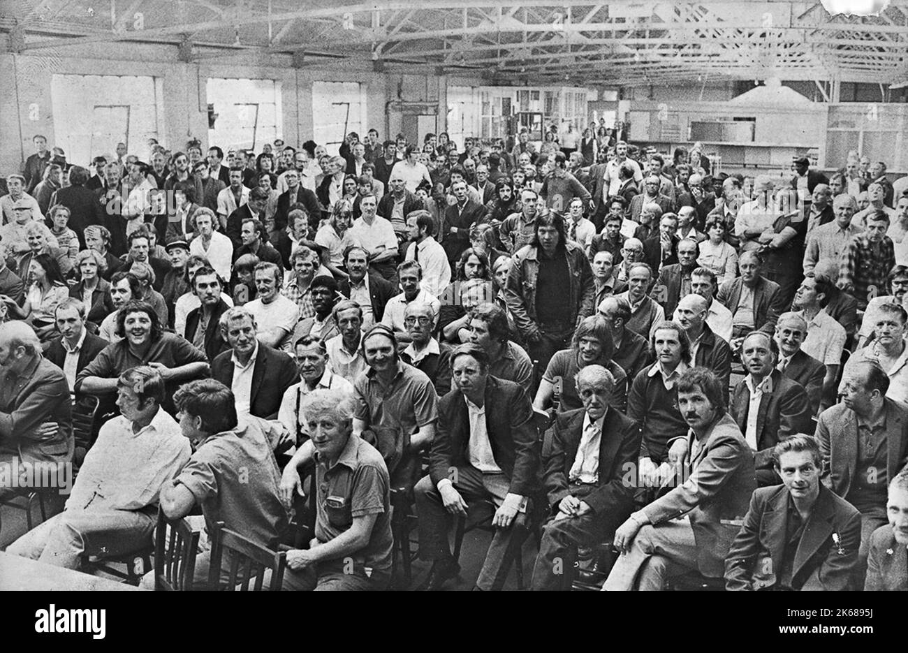 Mass meeting of Norton Villiers Triumph workers when redundancies were announced and the company was closed down and put into receivership. August 1975 Stock Photo