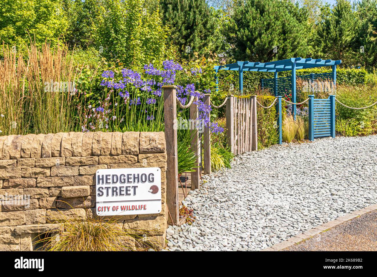 Hedgehog Street at the RHS Garden Harlow Carr near Harrogate, Yorkshire UK - designed to demonstrate hedgehog friendly schemes Stock Photo