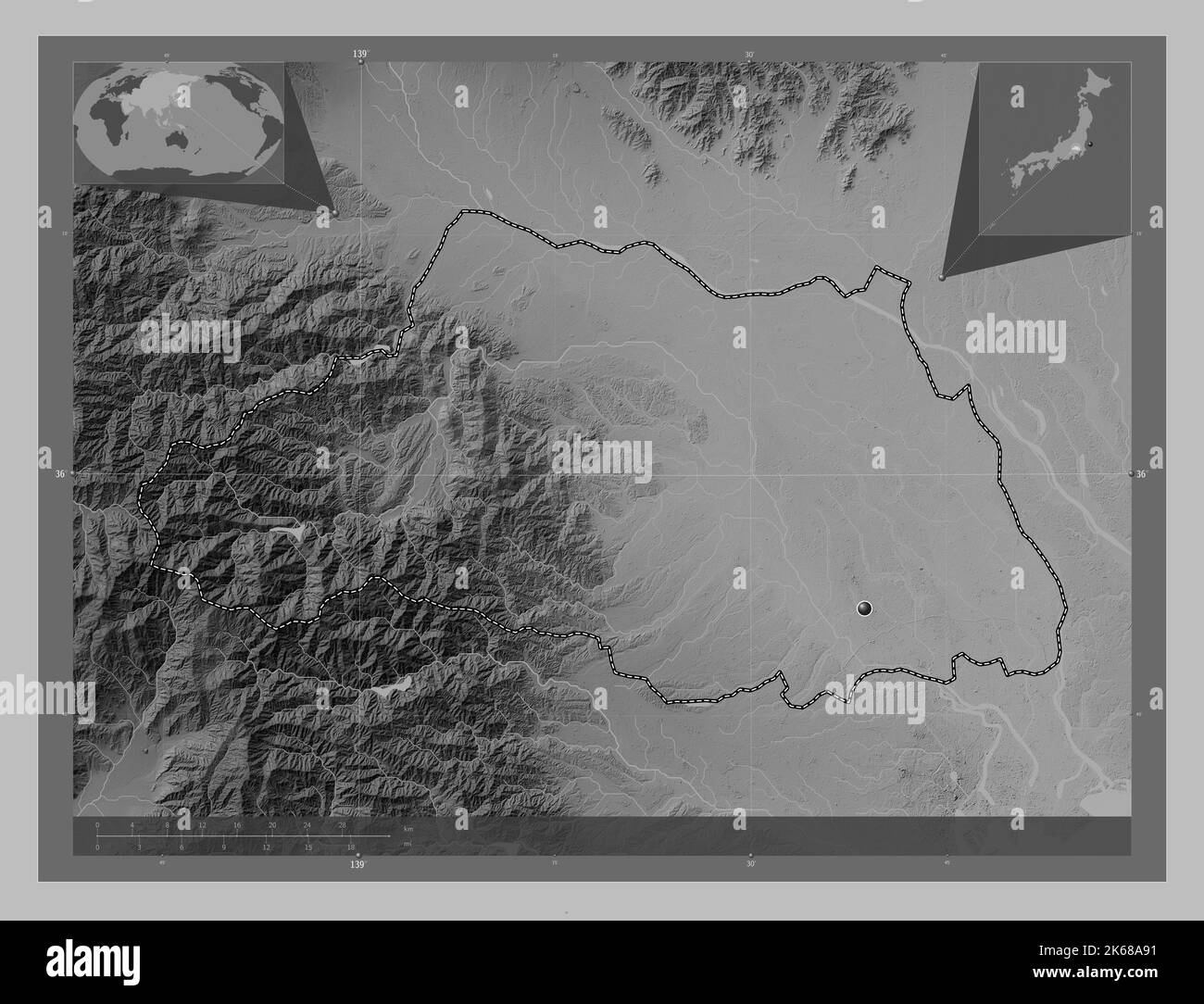 Saitama, prefecture of Japan. Grayscale elevation map with lakes and