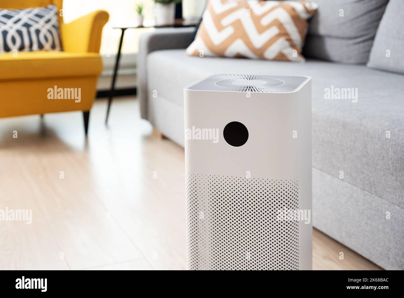 Air purifier, cleaner in living room, PM 2.5 dust protection Stock Photo
