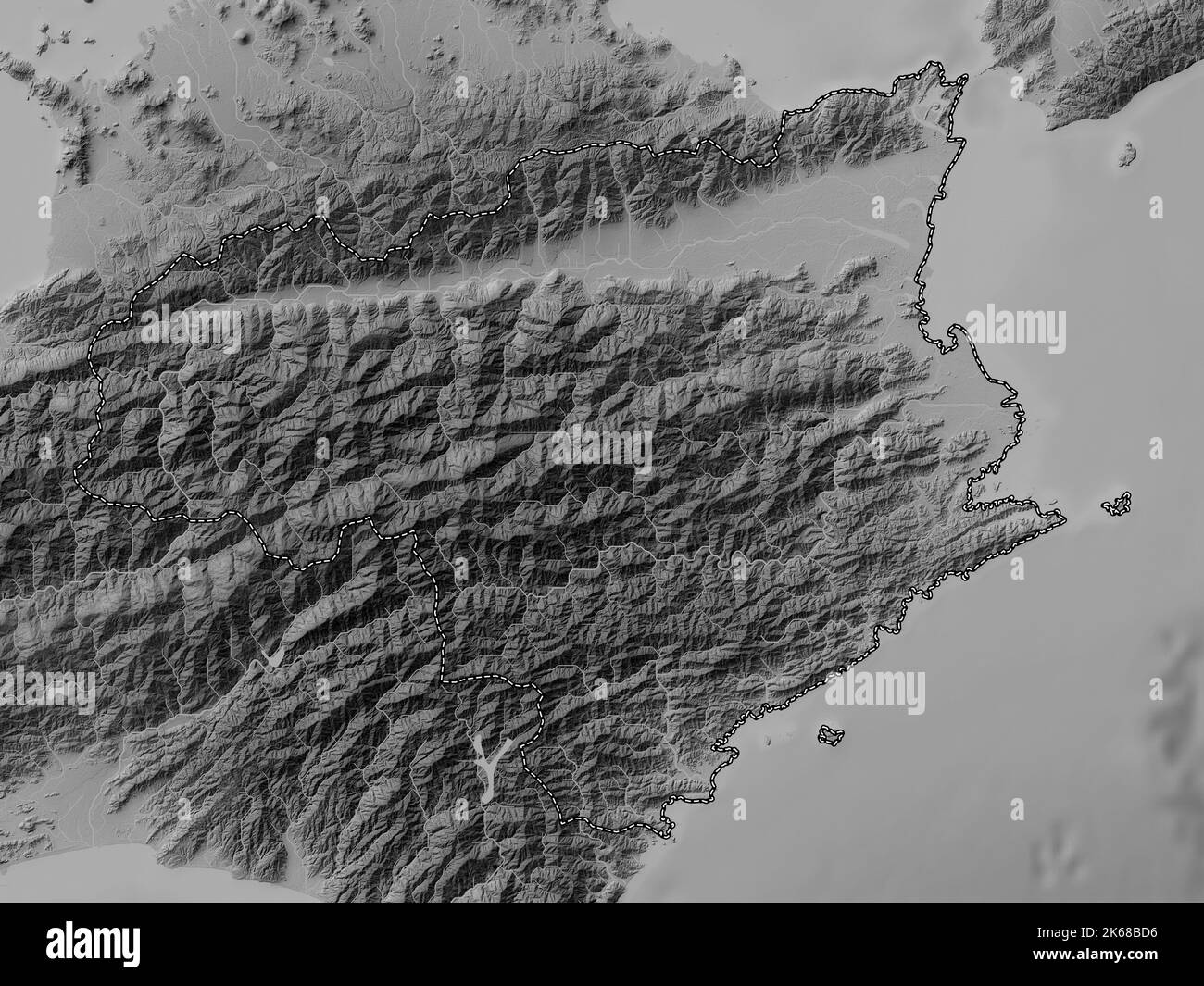 Tokushima, prefecture of Japan. Grayscale elevation map with lakes and