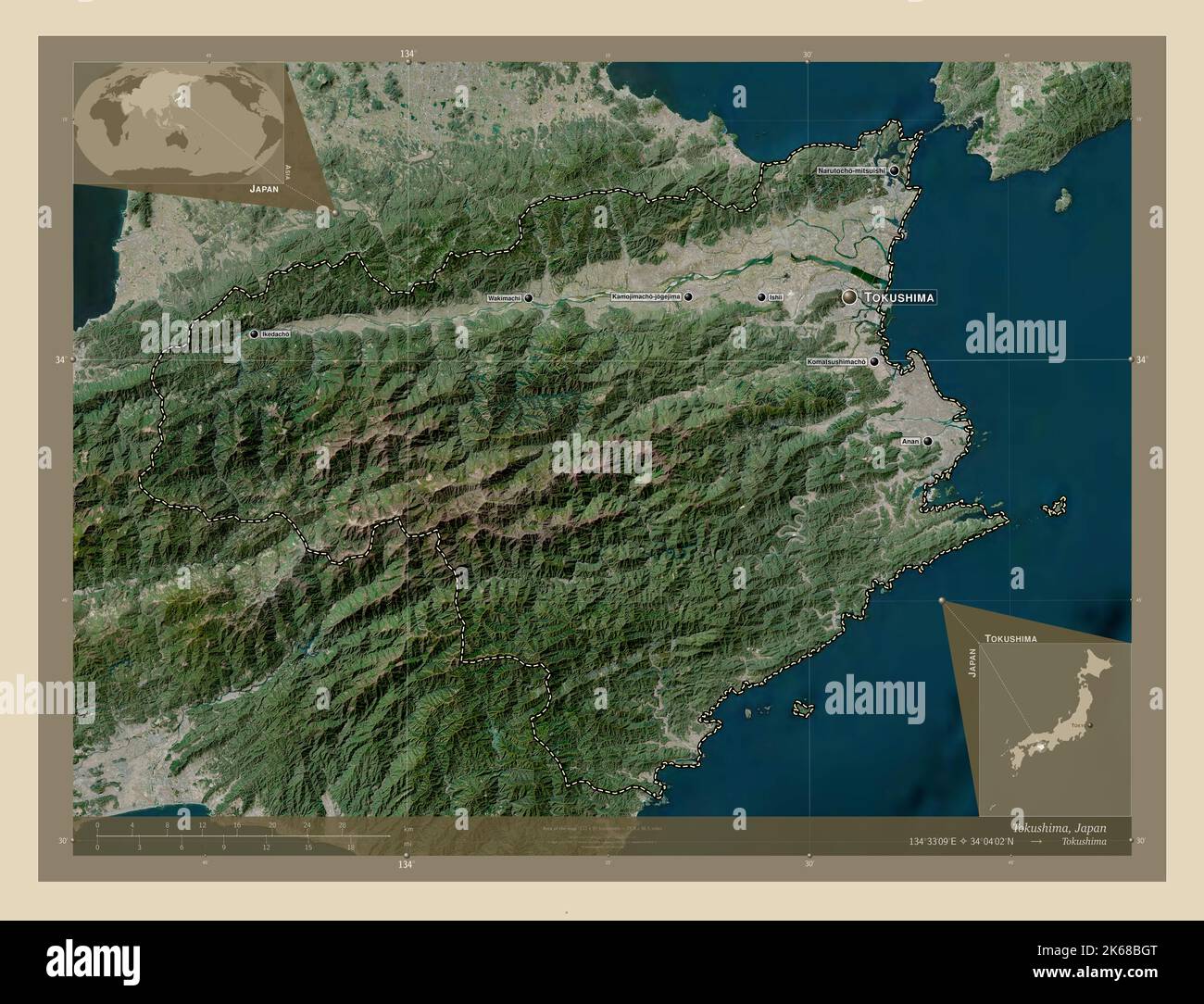 Tokushima, prefecture of Japan. High resolution satellite map. Locations and names of major cities of the region. Corner auxiliary location maps Stock Photo