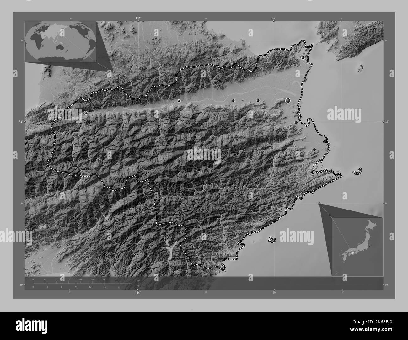 Tokushima, prefecture of Japan. Grayscale elevation map with lakes and