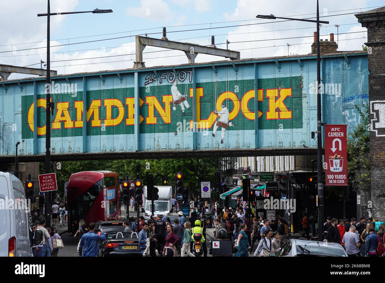 Camden Lock railway bridge over Camden High Street, Camden Town, London ...