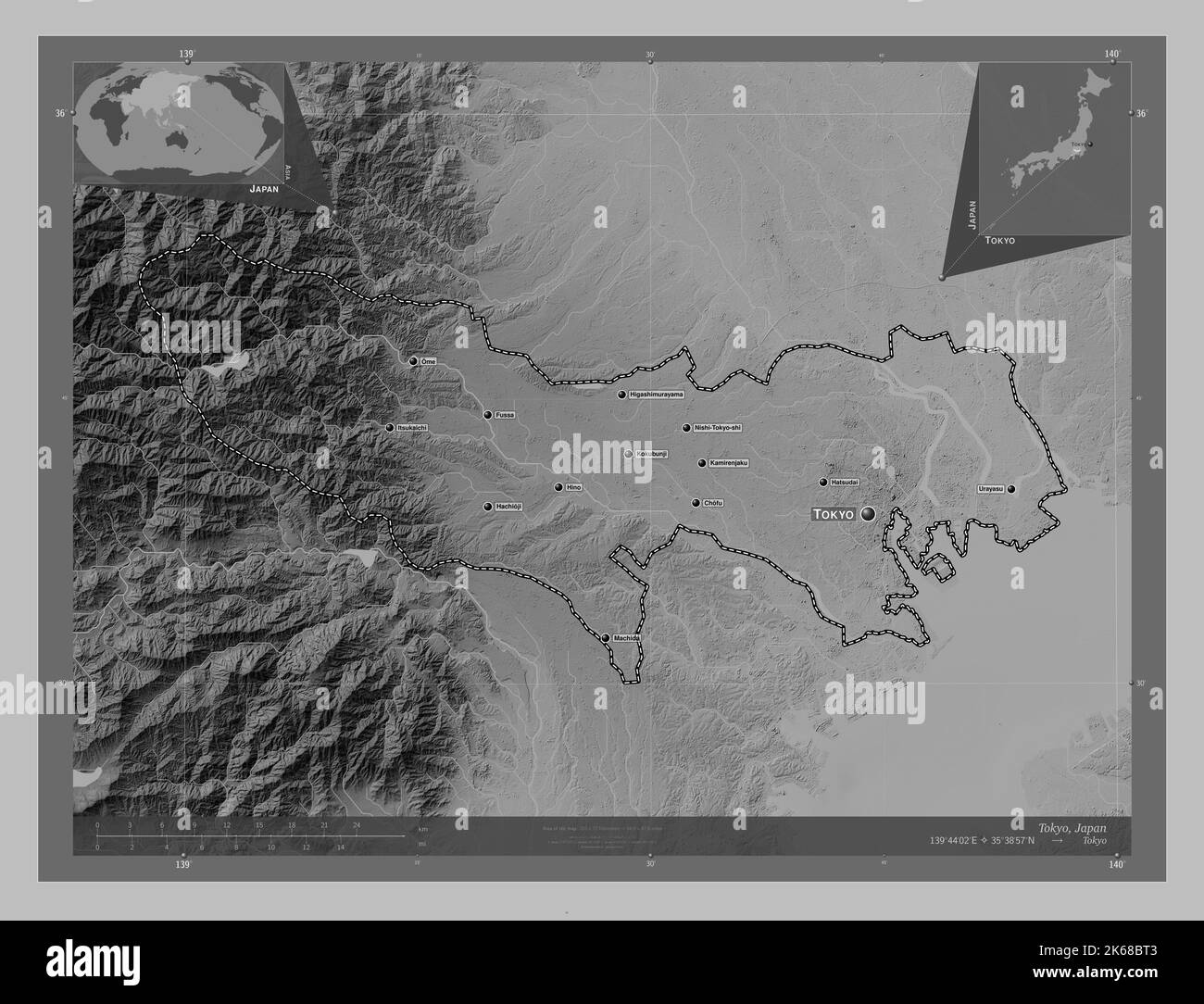 Tokyo, metropolis of Japan. Grayscale elevation map with lakes and rivers. Locations and names of major cities of the region. Corner auxiliary locatio Stock Photo