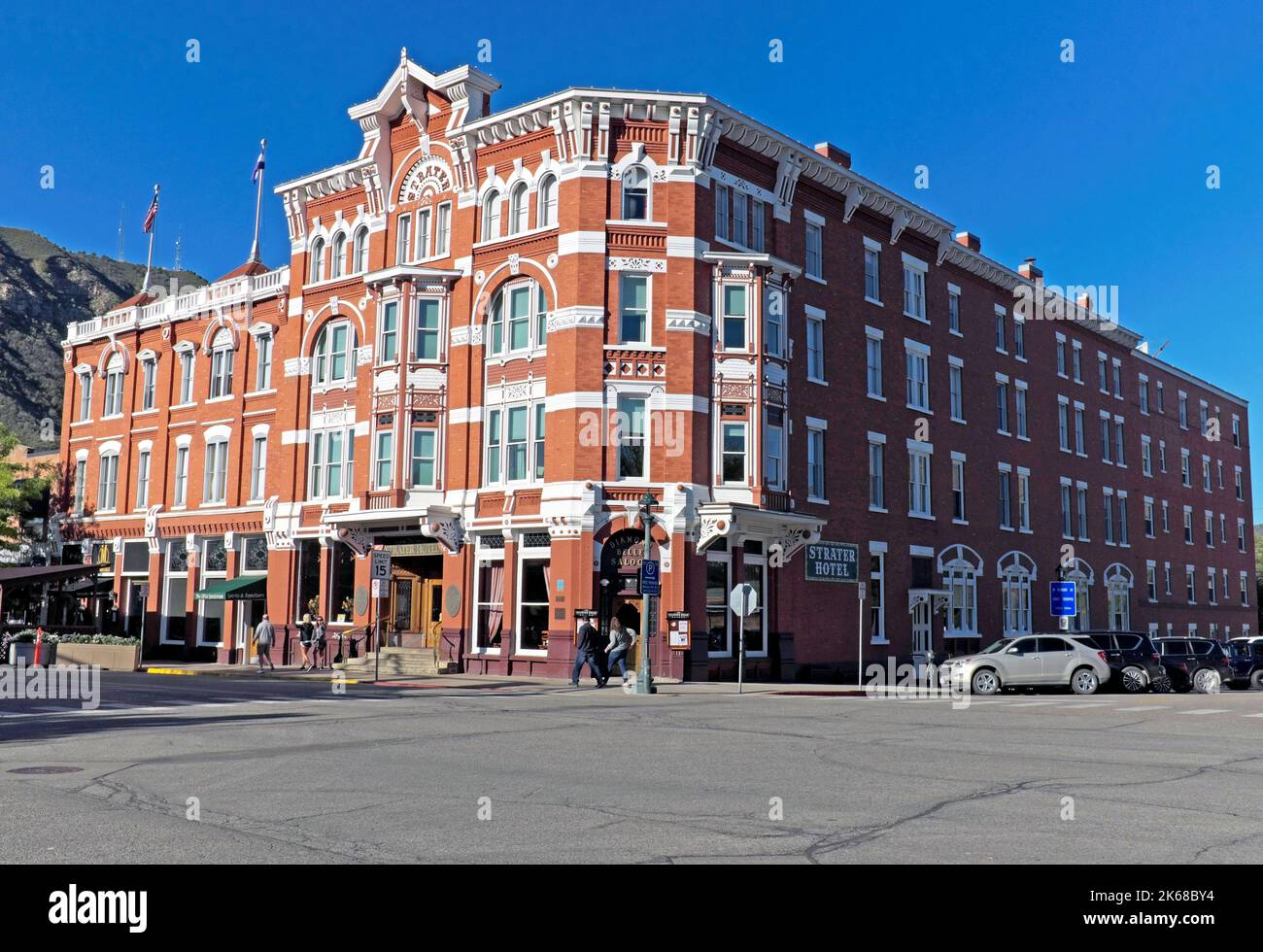 The Strater Hotel hotel on the corner of West 7th and Main Avenue in downtown Durango, Colorado, USA,  is a historic landmark & iconic old west hotel. Stock Photo