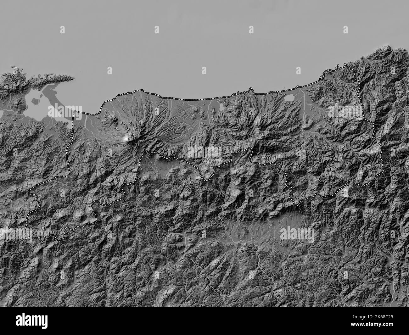 Tottori, prefecture of Japan. Bilevel elevation map with lakes and rivers Stock Photo