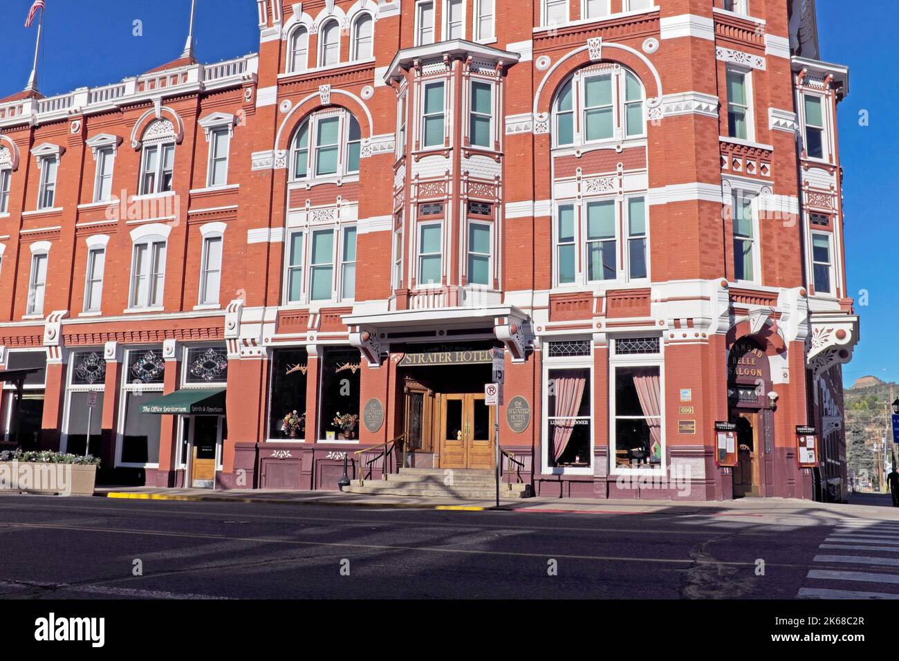 The landmark Strater Hotel, opened in 1887, main entrance on Main Avenue in the historic downtown district in Durango, Colorado, USA. Stock Photo