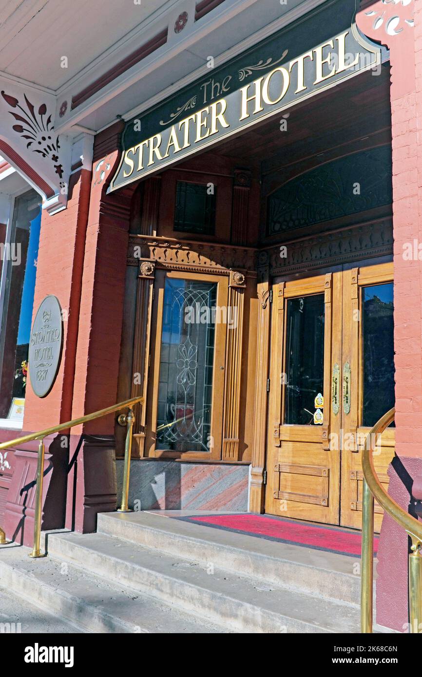 The front entrance doors to the historic landmark Strater Hotel in the historic district of downtown Durango, Colorado, USA. Stock Photo