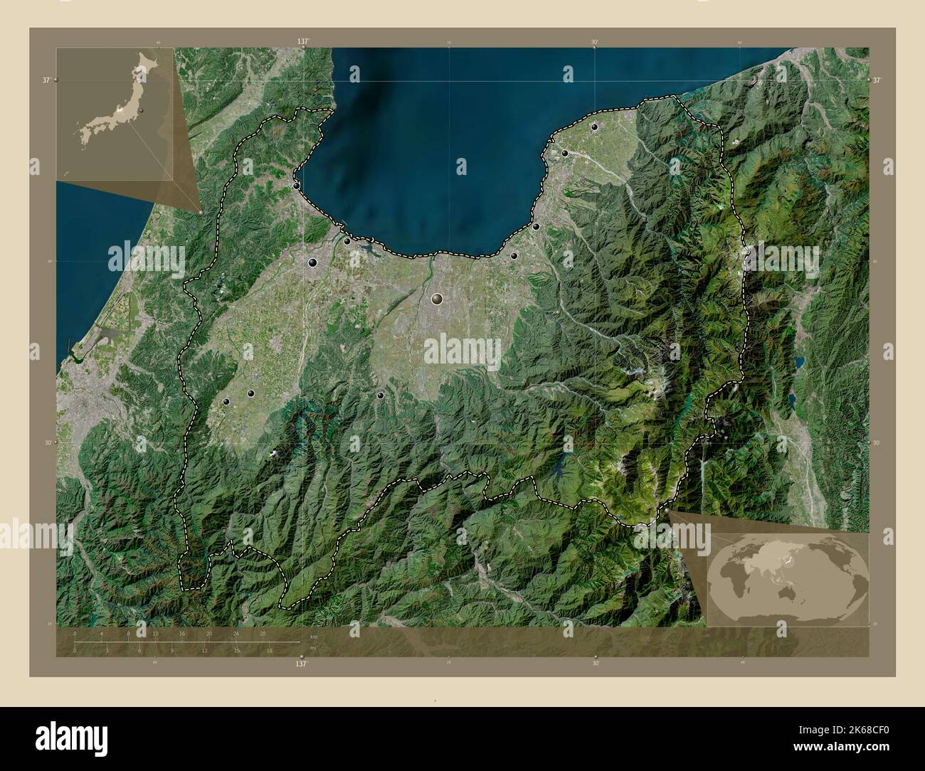 Toyama, prefecture of Japan. High resolution satellite map. Locations of major cities of the region. Corner auxiliary location maps Stock Photo