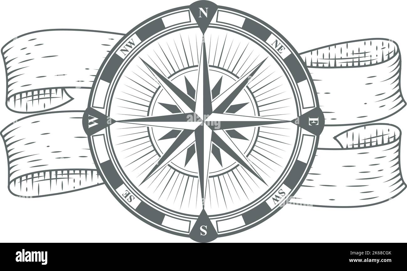Marine compass drawing. Vintage nautical travel device Stock Vector
