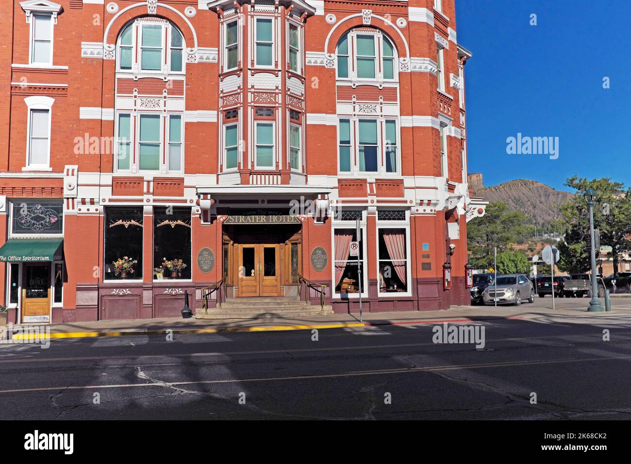 The historic landmark hotel, The Strater, at the corner of East 7th Street and Main Avenue in the historic district of Durango, Colorado, USA. Stock Photo
