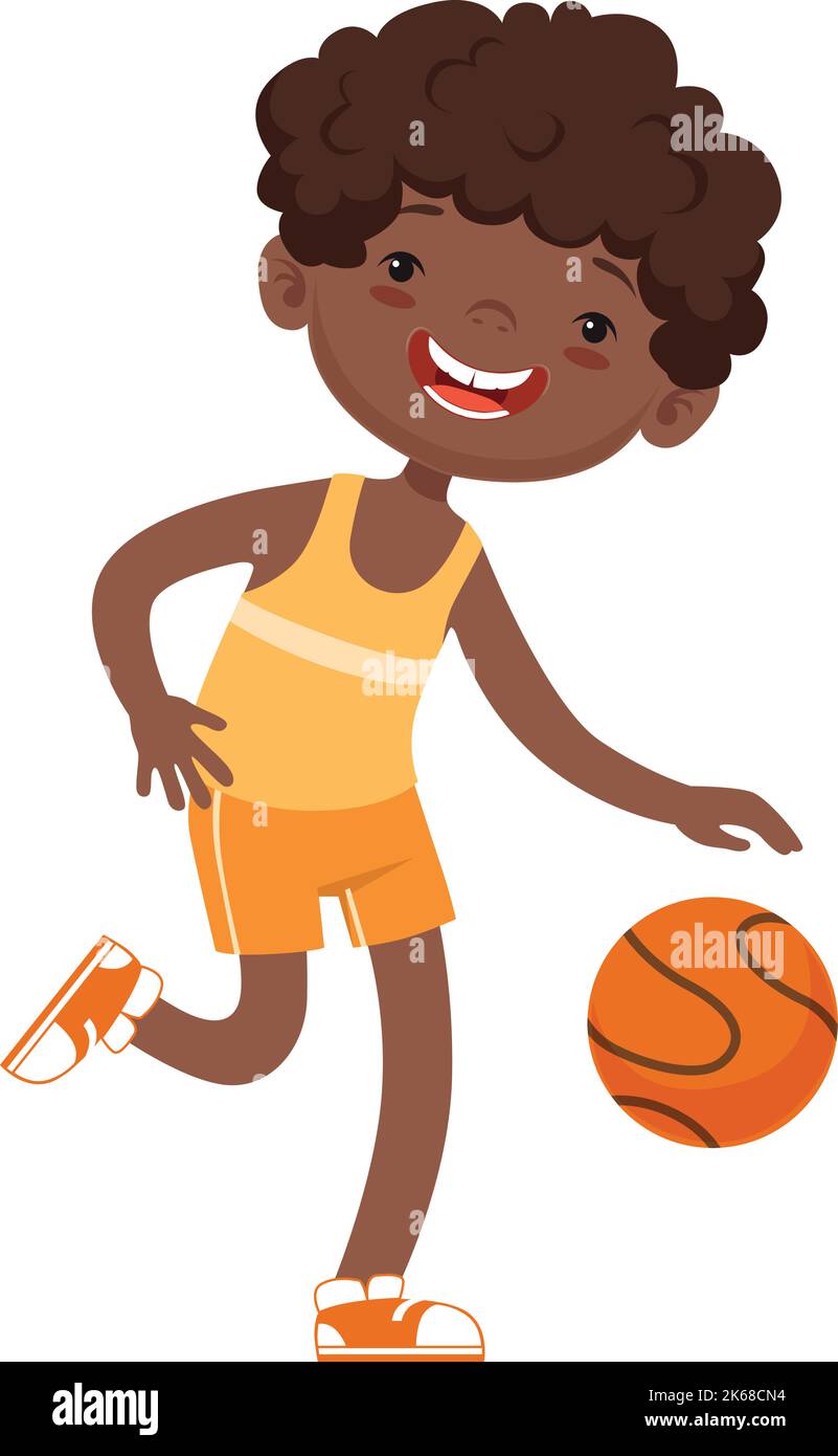 Kid playing basketball. Cartoon black boy with ball Stock Vector