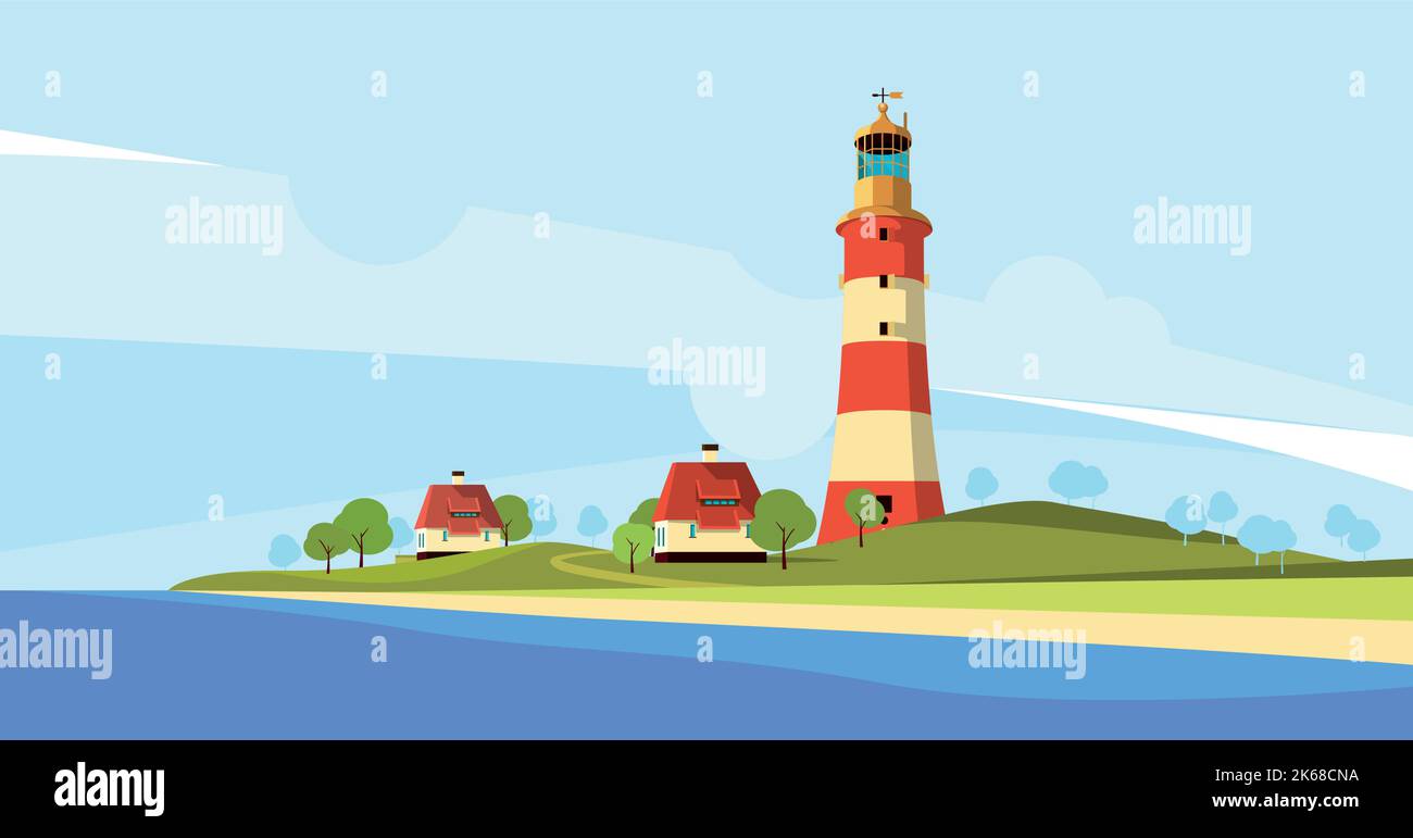 Marine coast landscape with lighthouse. Ocean shore background Stock ...