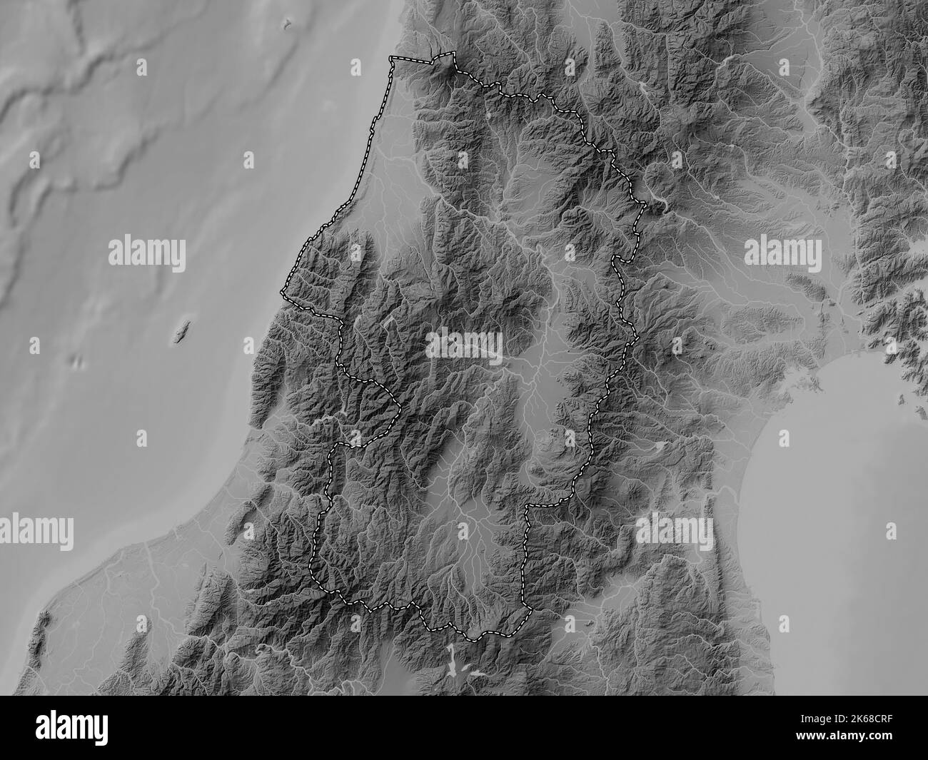 Yamagata, prefecture of Japan. Grayscale elevation map with lakes and