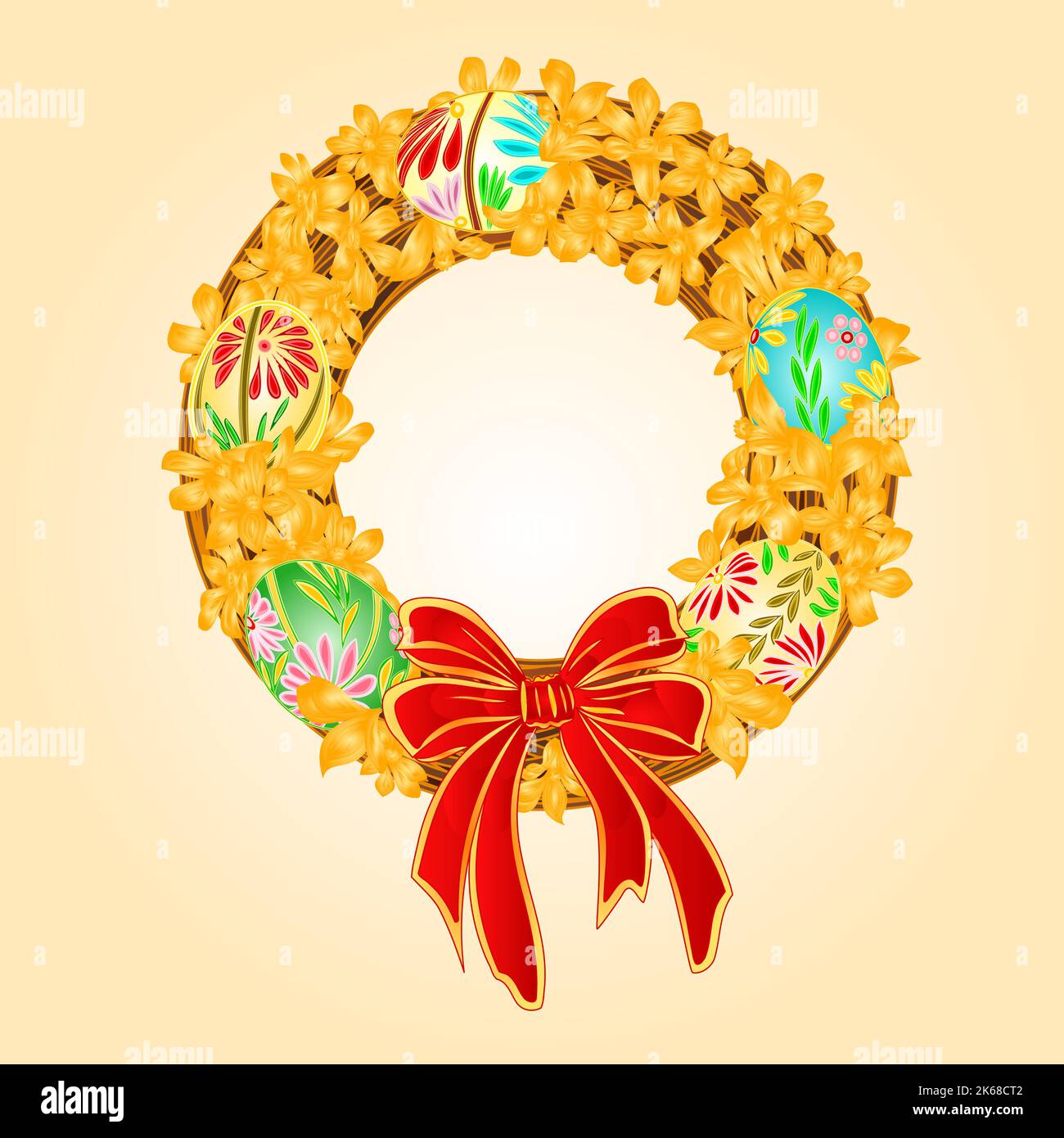 Easter wreath with forsythia and Easter eggs vector Stock Vector