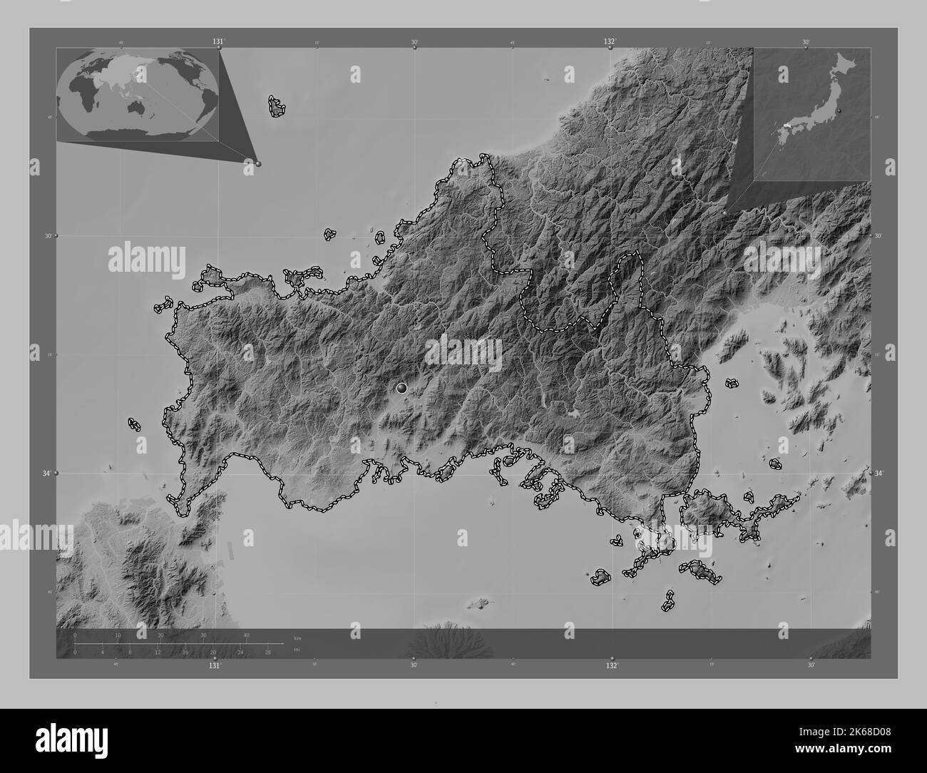 Yamaguchi, prefecture of Japan. Grayscale elevation map with lakes and