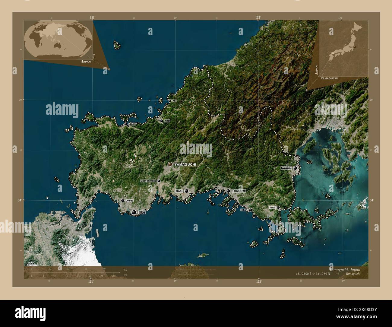 Yamaguchi, prefecture of Japan. Low resolution satellite map. Locations