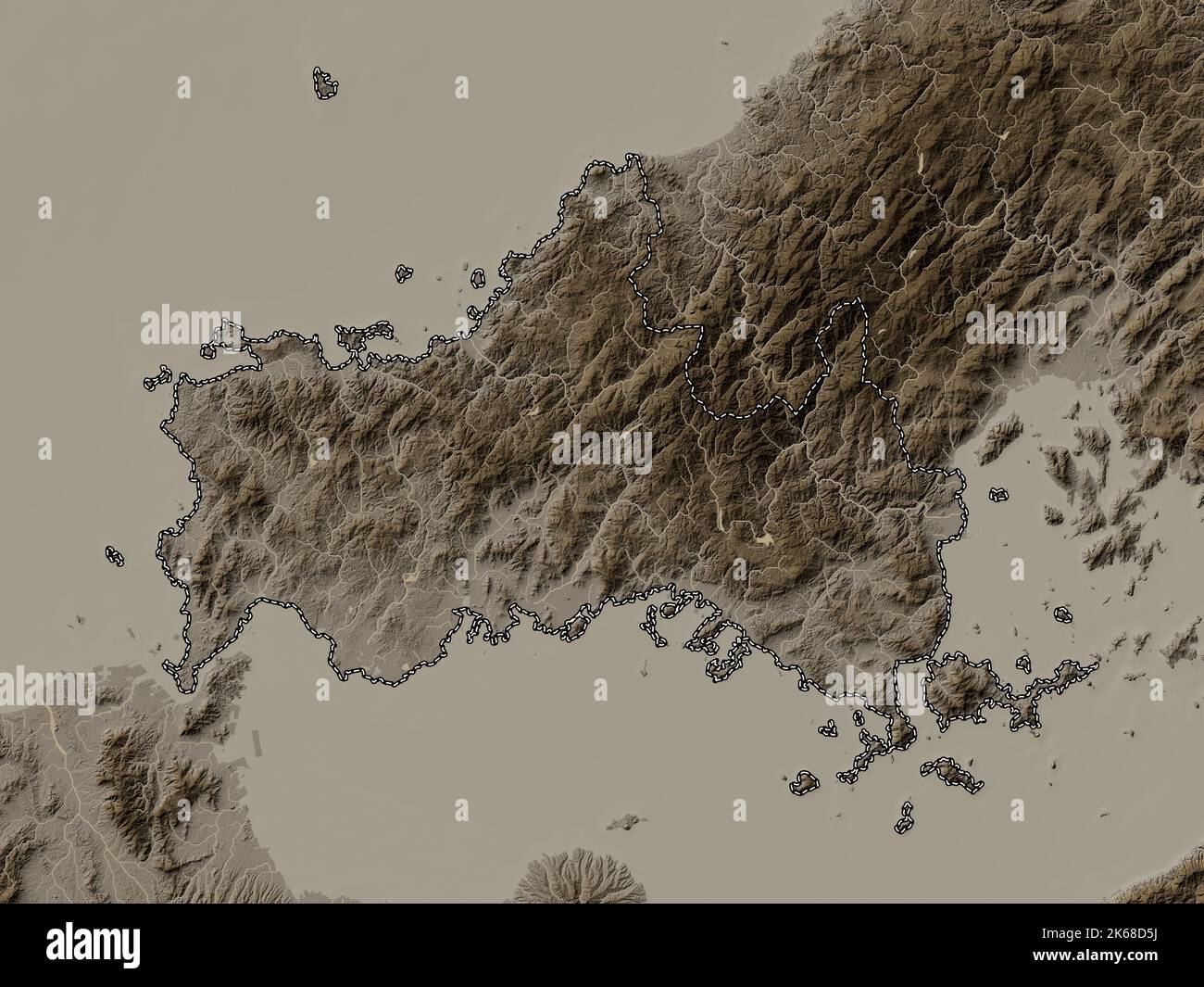 Yamaguchi, prefecture of Japan. Elevation map colored in sepia tones