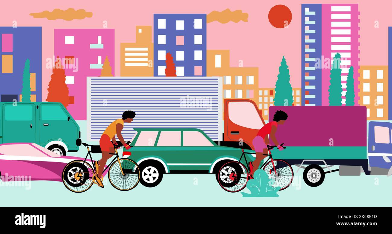 African American cyclists are riding bicycle on road with traffic jam ...
