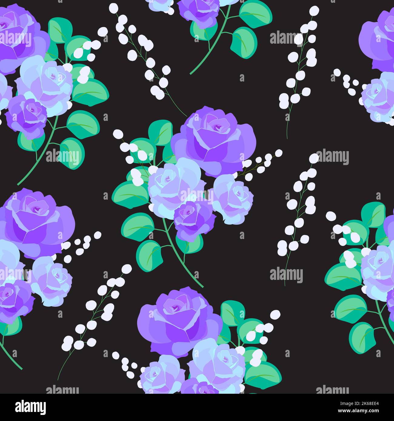 Vector seamless pattern with abstract purple roses on black, floral ...